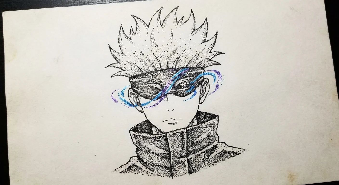 Gojo Satoru (Jujutsu Kaisen) anime dövme tasarımı — kare kare manga panel
