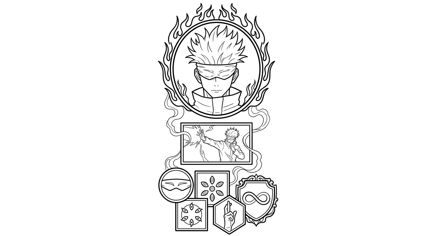 Gojo Satoru (Jujutsu Kaisen) anime dövme tasarımı — kare kare manga panel