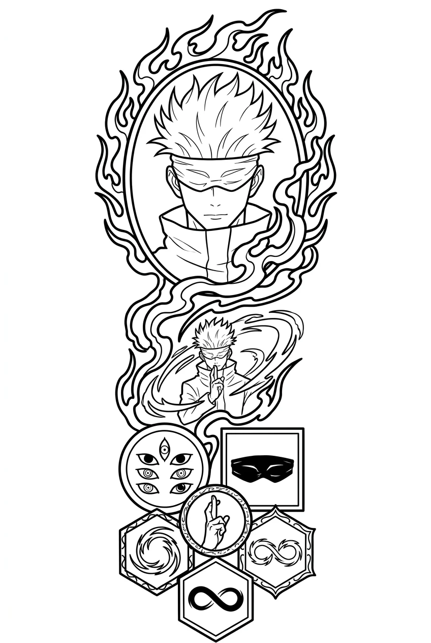 Gojo Satoru (Jujutsu Kaisen) anime dövme tasarımı — kare kare manga panel