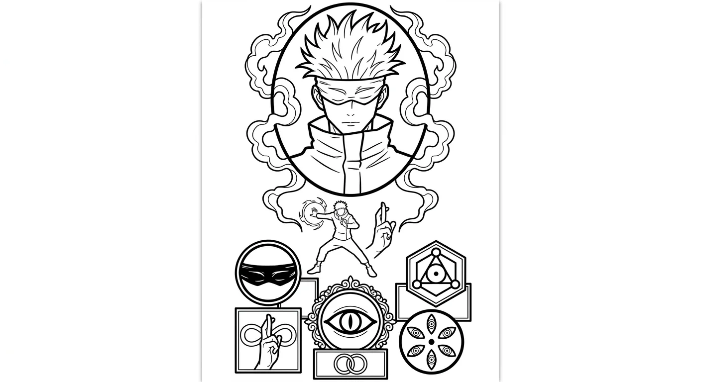 Gojo Satoru (Jujutsu Kaisen) anime dövme tasarımı — kare kare manga panel