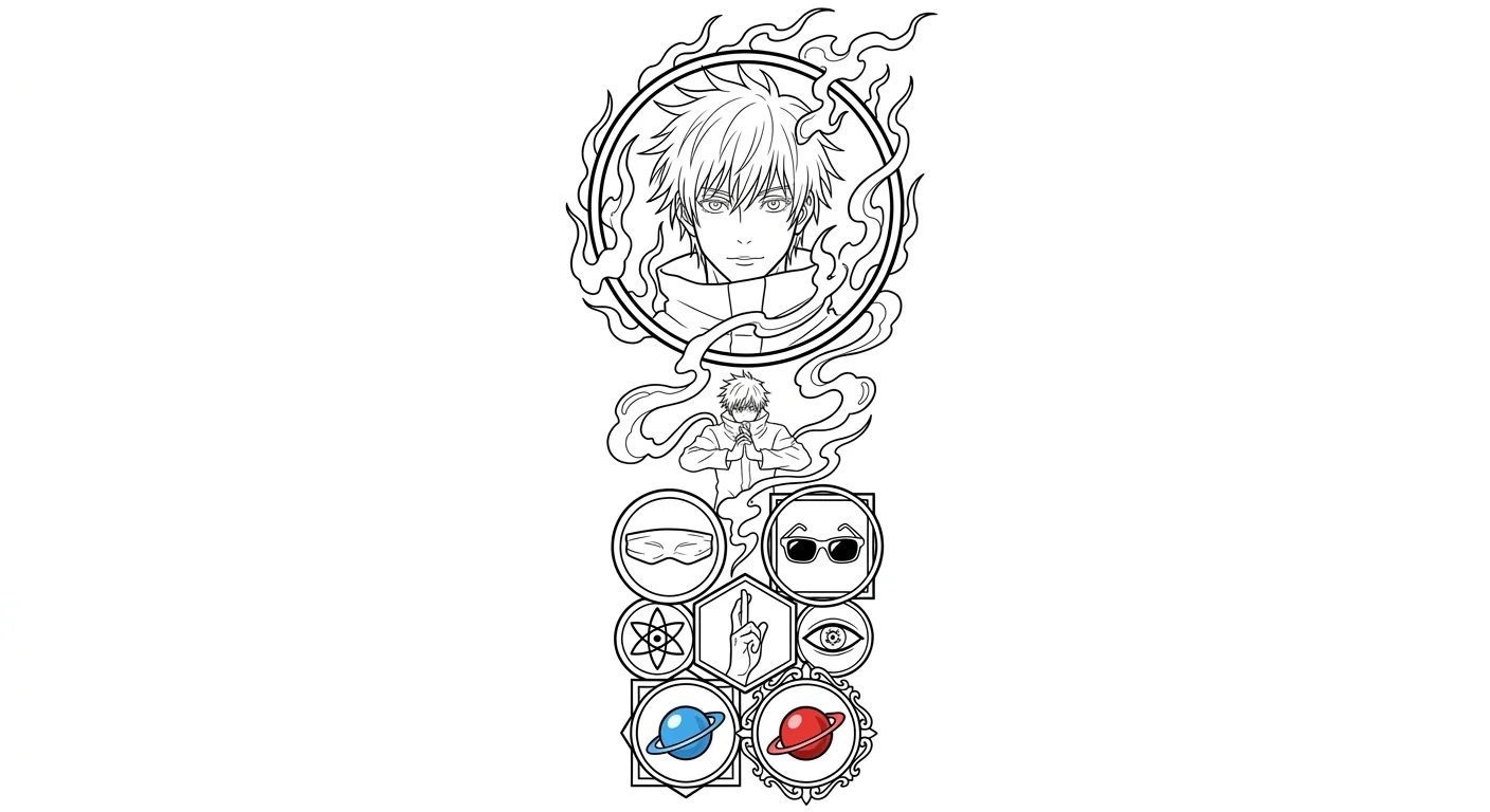 Gojo Satoru (Jujutsu Kaisen) anime dövme tasarımı — kare kare manga panel