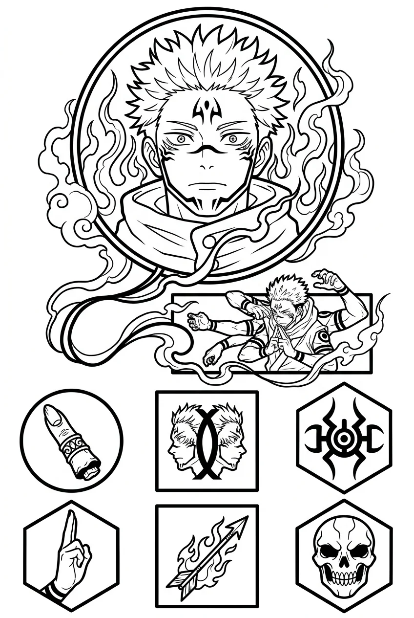 Sukuna (Jujutsu Kaisen) anime dövme tasarımı — kare kare manga panel