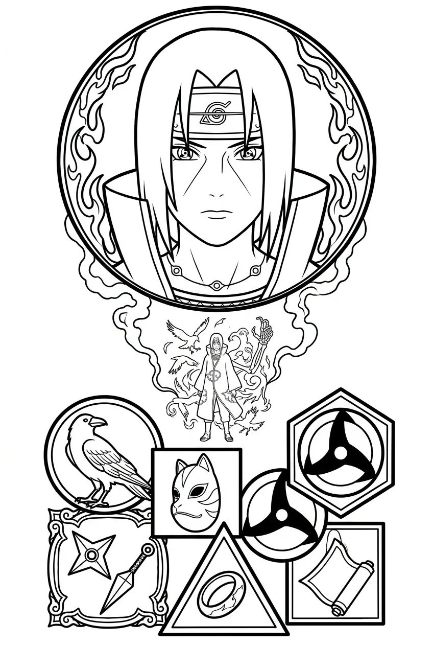 Itachi Uchiha (Naruto) anime dövme tasarımı — kare kare manga panel