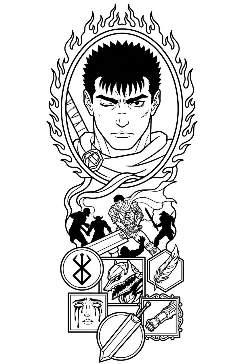 Guts (Berserk) anime dövme tasarımı — kare kare manga panel