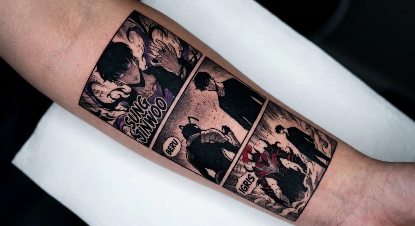 Sung Jinwoo (Solo Leveling) anime dövme tasarımı — kare kare manga panel