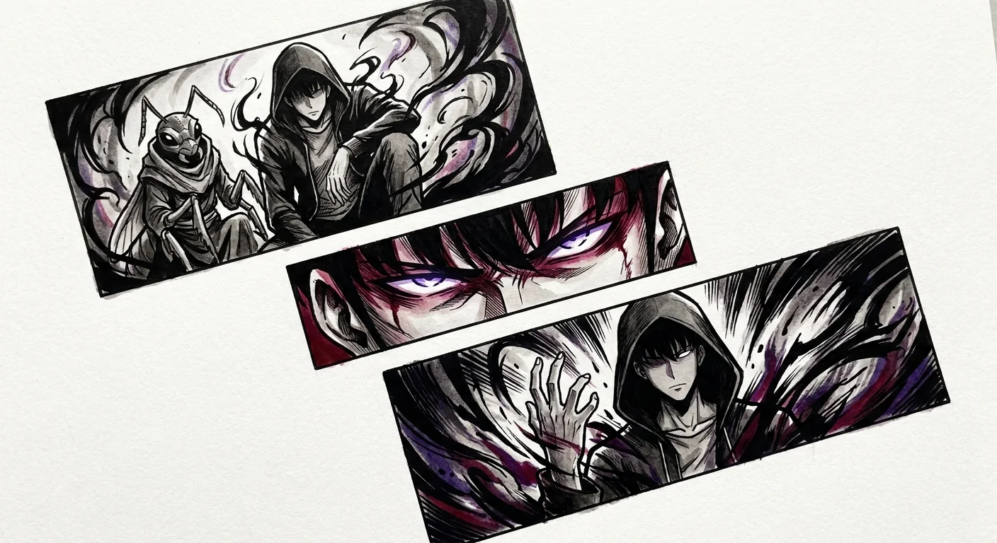 Sung Jinwoo (Solo Leveling) anime dövme tasarımı — kare kare manga panel