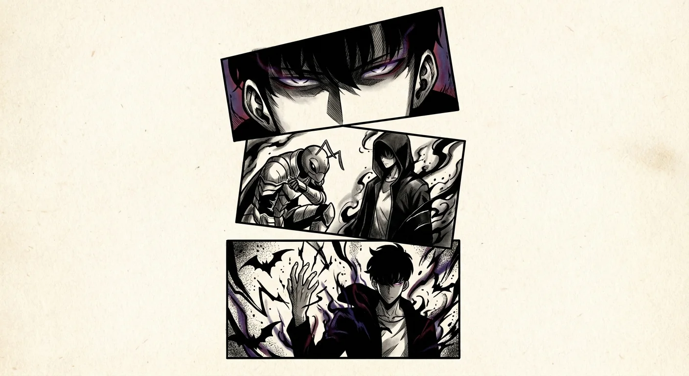 Sung Jinwoo (Solo Leveling) anime dövme tasarımı — kare kare manga panel