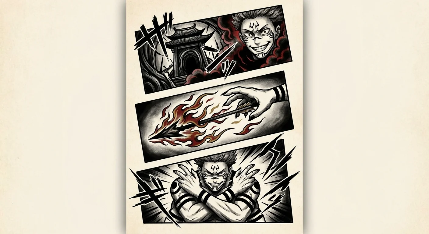 Sukuna (Jujutsu Kaisen) anime dövme tasarımı — kare kare manga panel