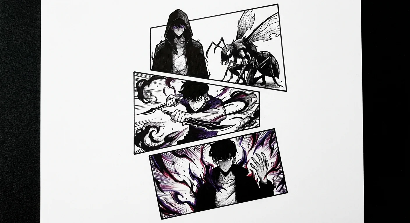 Sung Jinwoo (Solo Leveling) anime dövme tasarımı — kare kare manga panel