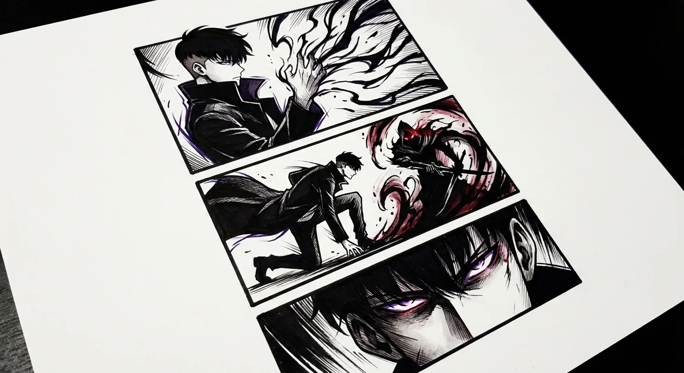 Sung Jinwoo (Solo Leveling) anime dövme tasarımı — kare kare manga panel