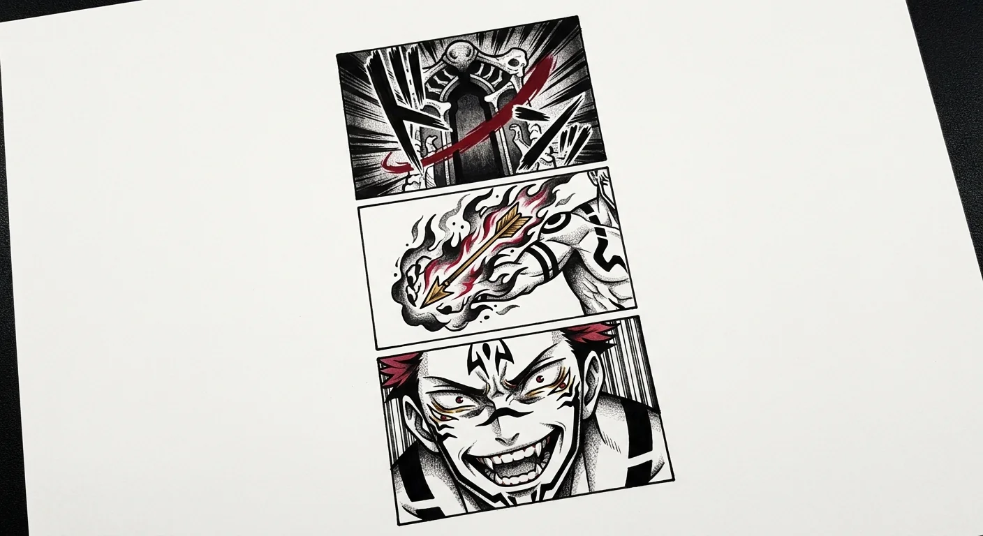 Sukuna (Jujutsu Kaisen) anime dövme tasarımı — kare kare manga panel