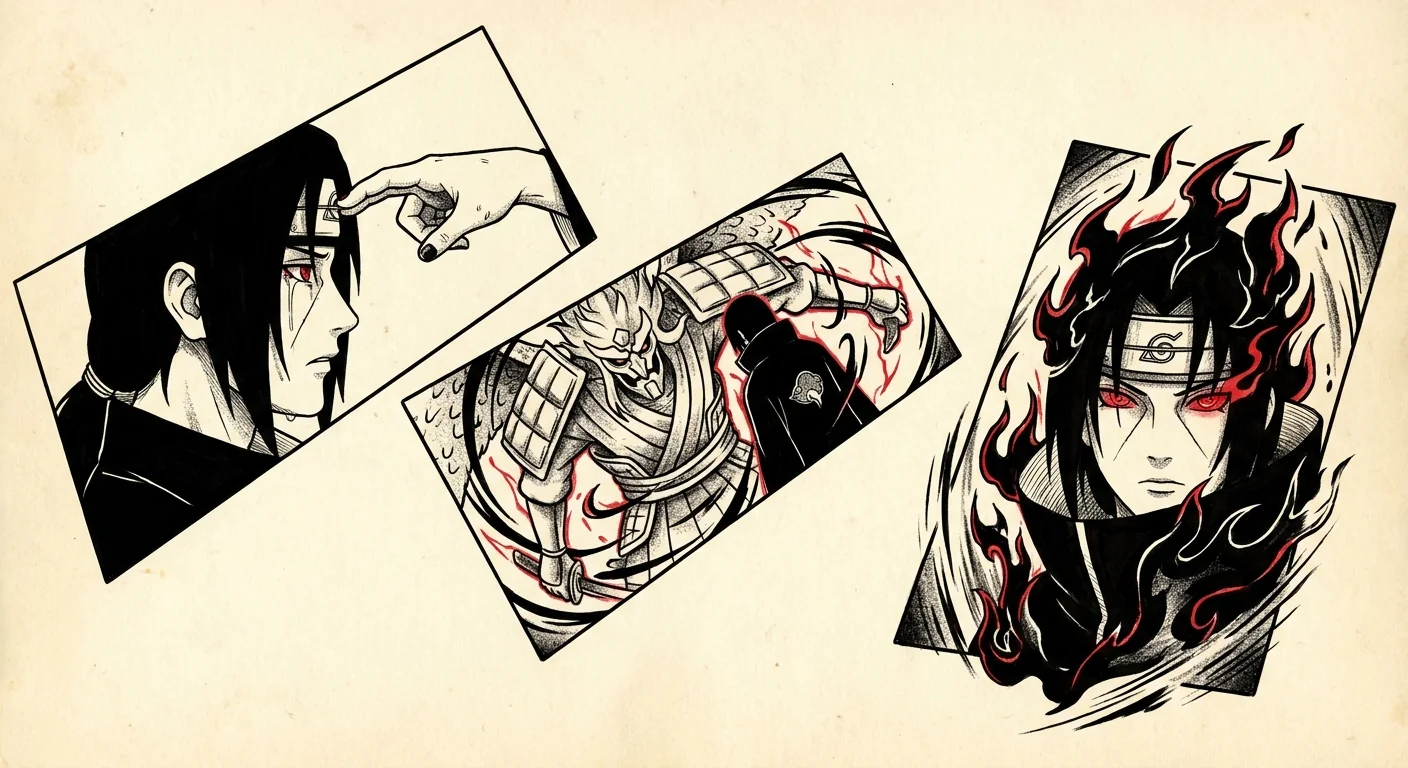 Itachi Uchiha (Naruto) anime dövme tasarımı — kare kare manga panel