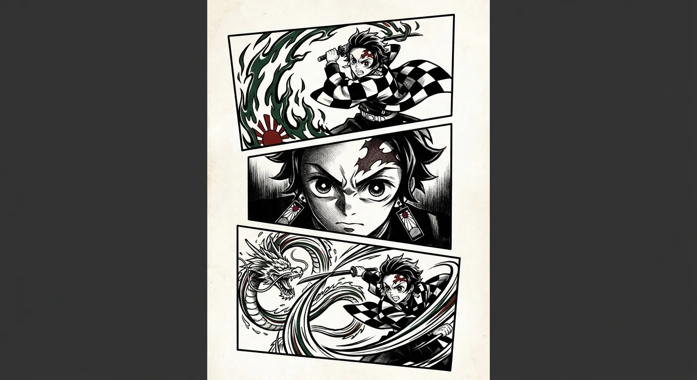 Tanjiro Kamado (Demon Slayer) anime dövme tasarımı — kare kare manga panel