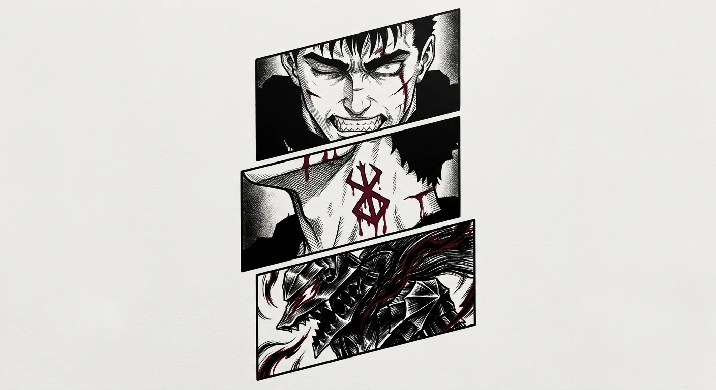 Guts (Berserk) anime dövme tasarımı — kare kare manga panel