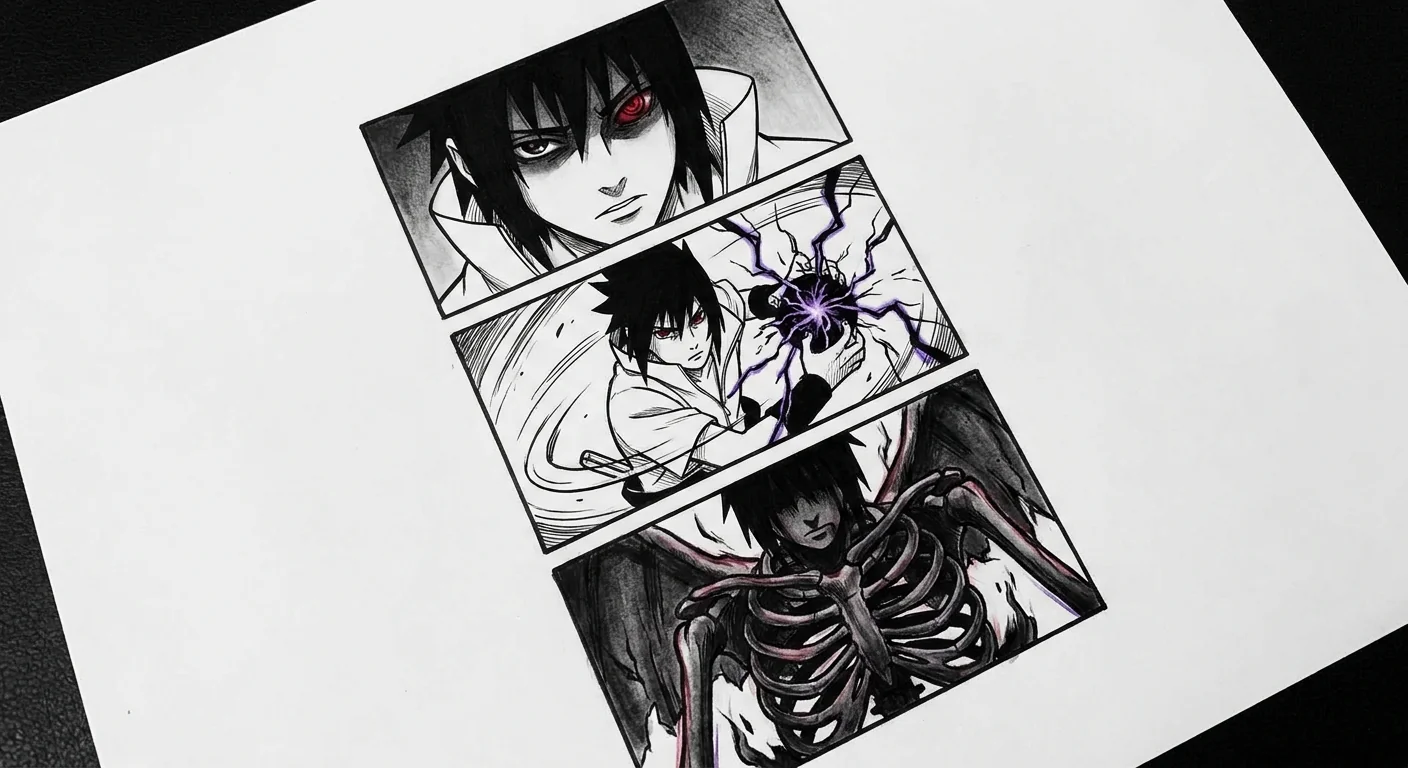 Sasuke Uchiha (Naruto) anime dövme tasarımı — kare kare manga panel