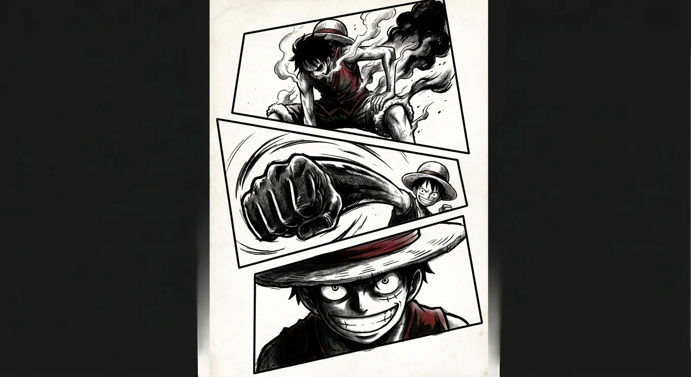 Luffy (One Piece) anime dövme tasarımı — kare kare manga panel