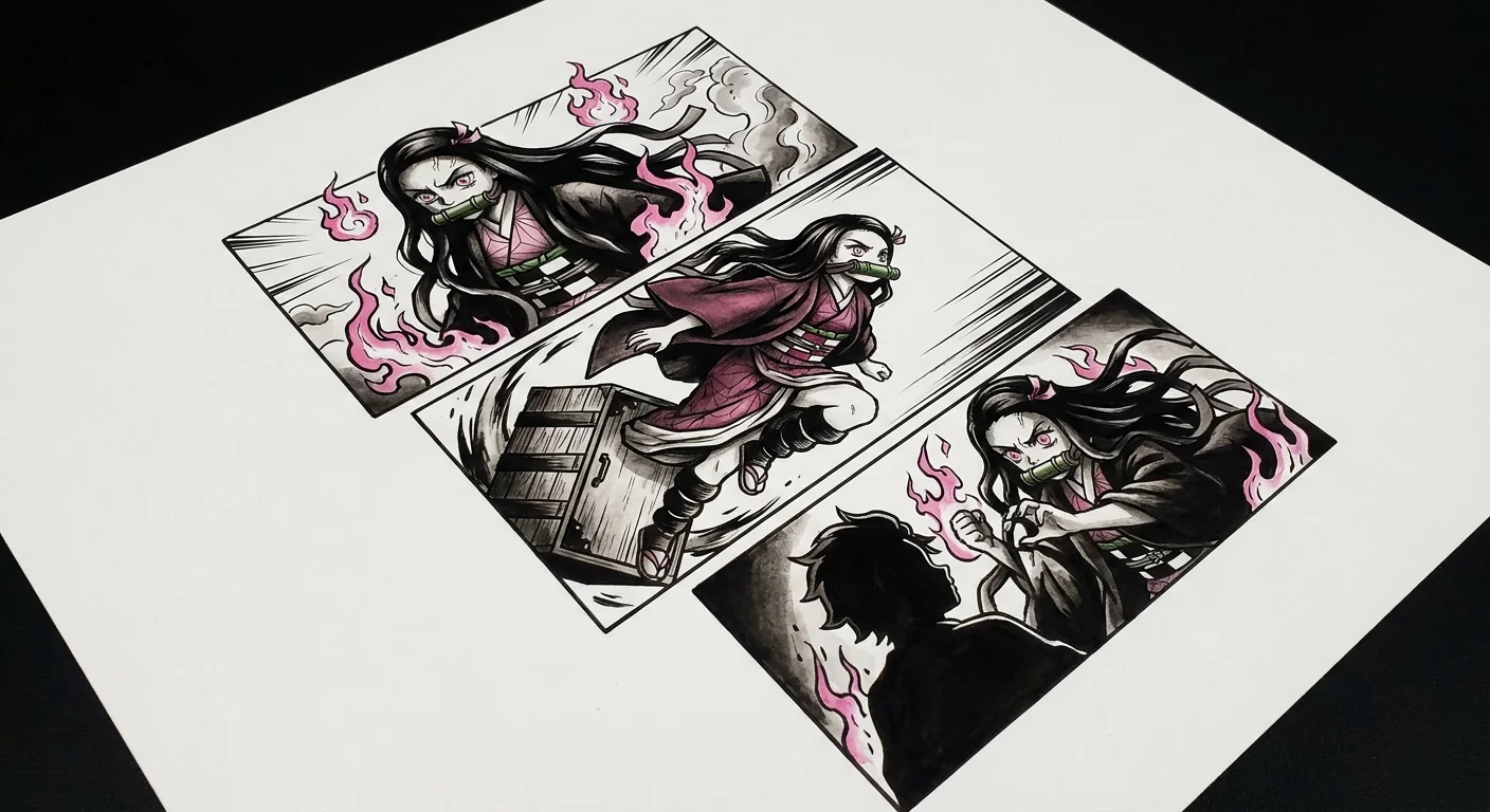 Nezuko Kamado (Demon Slayer) anime dövme tasarımı — kare kare manga panel