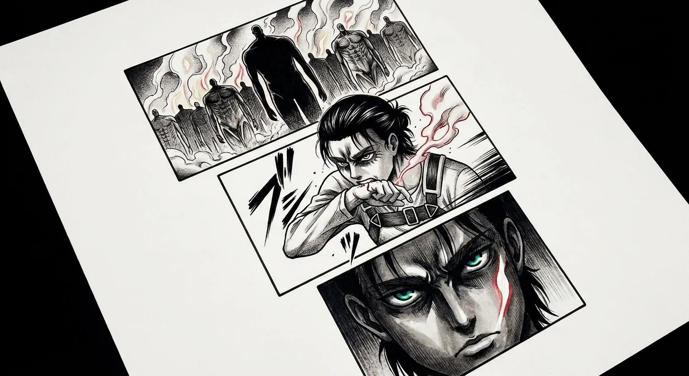 Eren Yeager (Attack on Titan) anime dövme tasarımı — kare kare manga panel