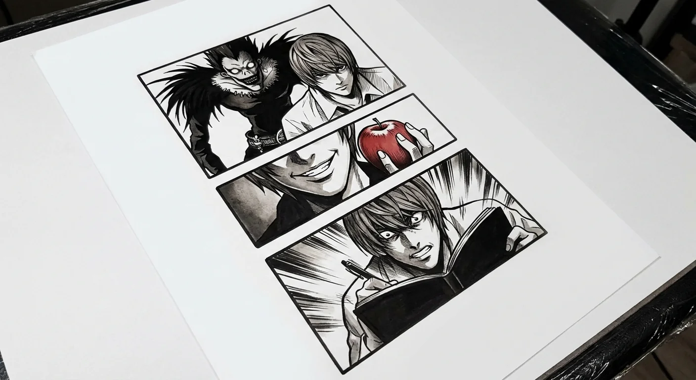 Light Yagami (Death Note) anime dövme tasarımı — kare kare manga panel