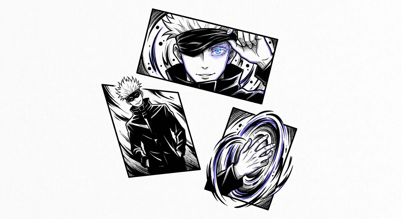 Gojo Satoru (Jujutsu Kaisen) anime dövme tasarımı — kare kare manga panel