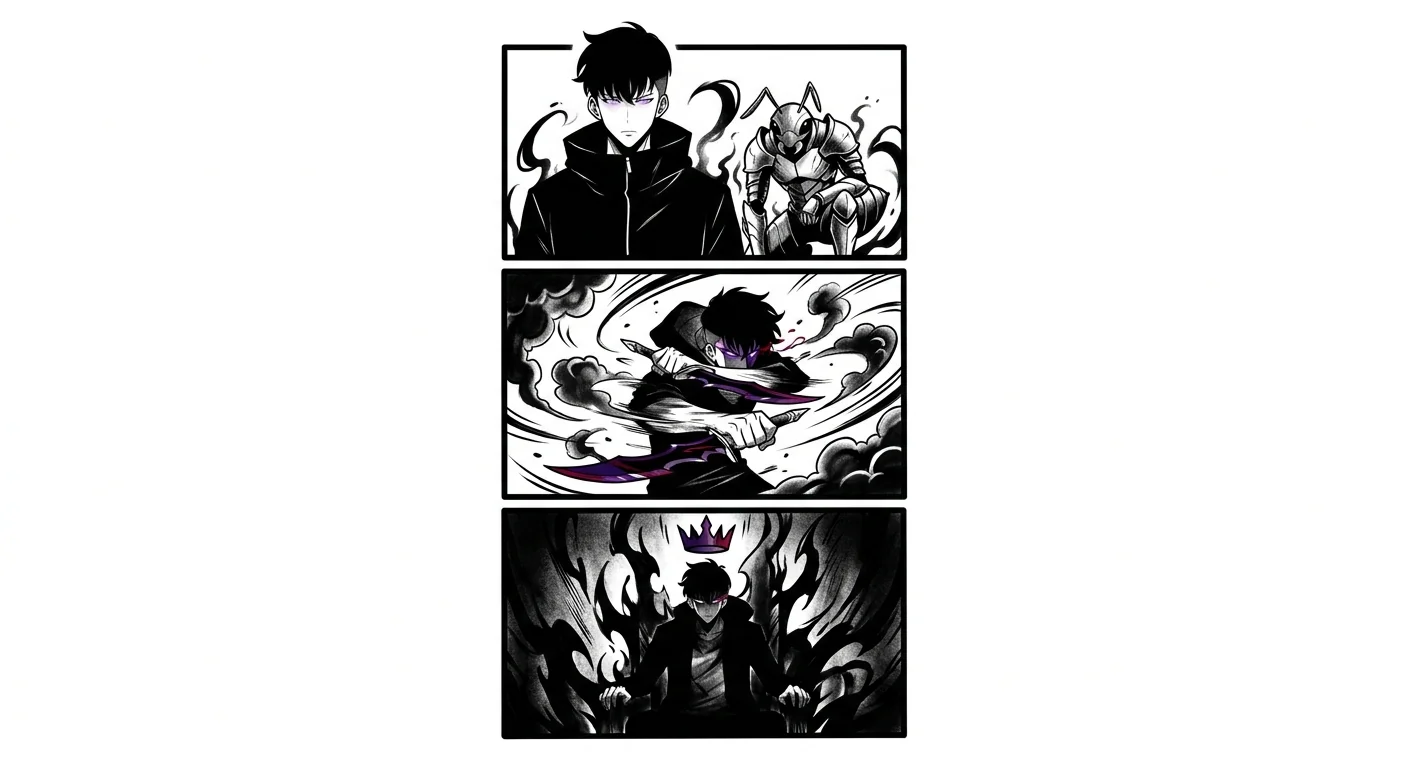 Sung Jinwoo (Solo Leveling) anime dövme tasarımı — kare kare manga panel