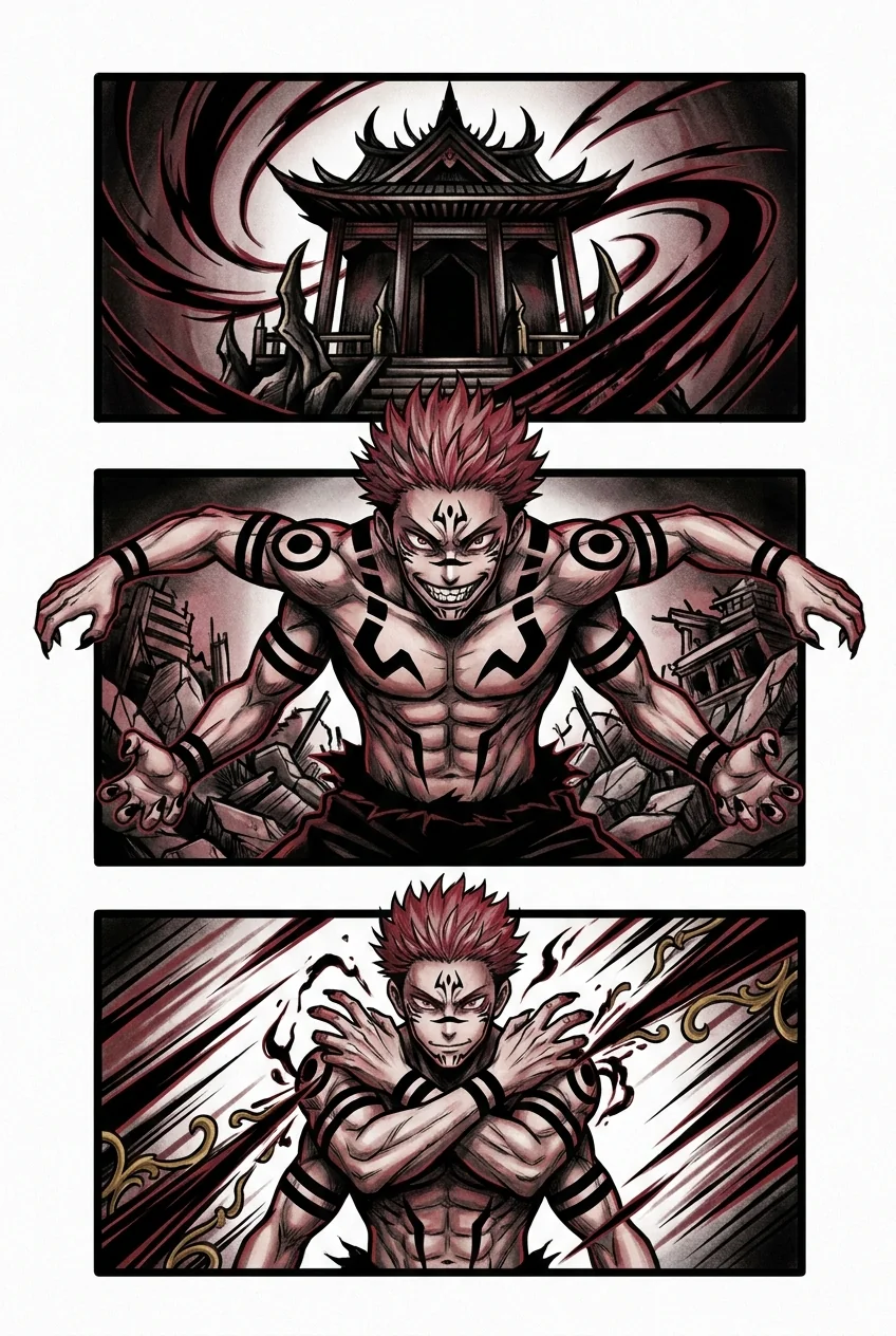 Sukuna (Jujutsu Kaisen) anime dövme tasarımı — kare kare manga panel
