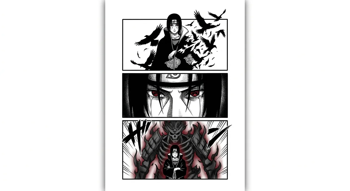 Itachi Uchiha (Naruto) anime dövme tasarımı — kare kare manga panel