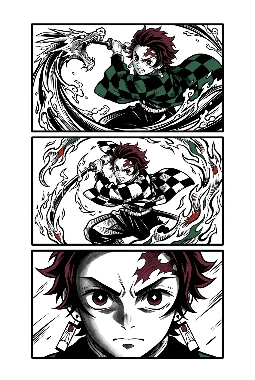 Tanjiro Kamado (Demon Slayer) anime dövme tasarımı — kare kare manga panel