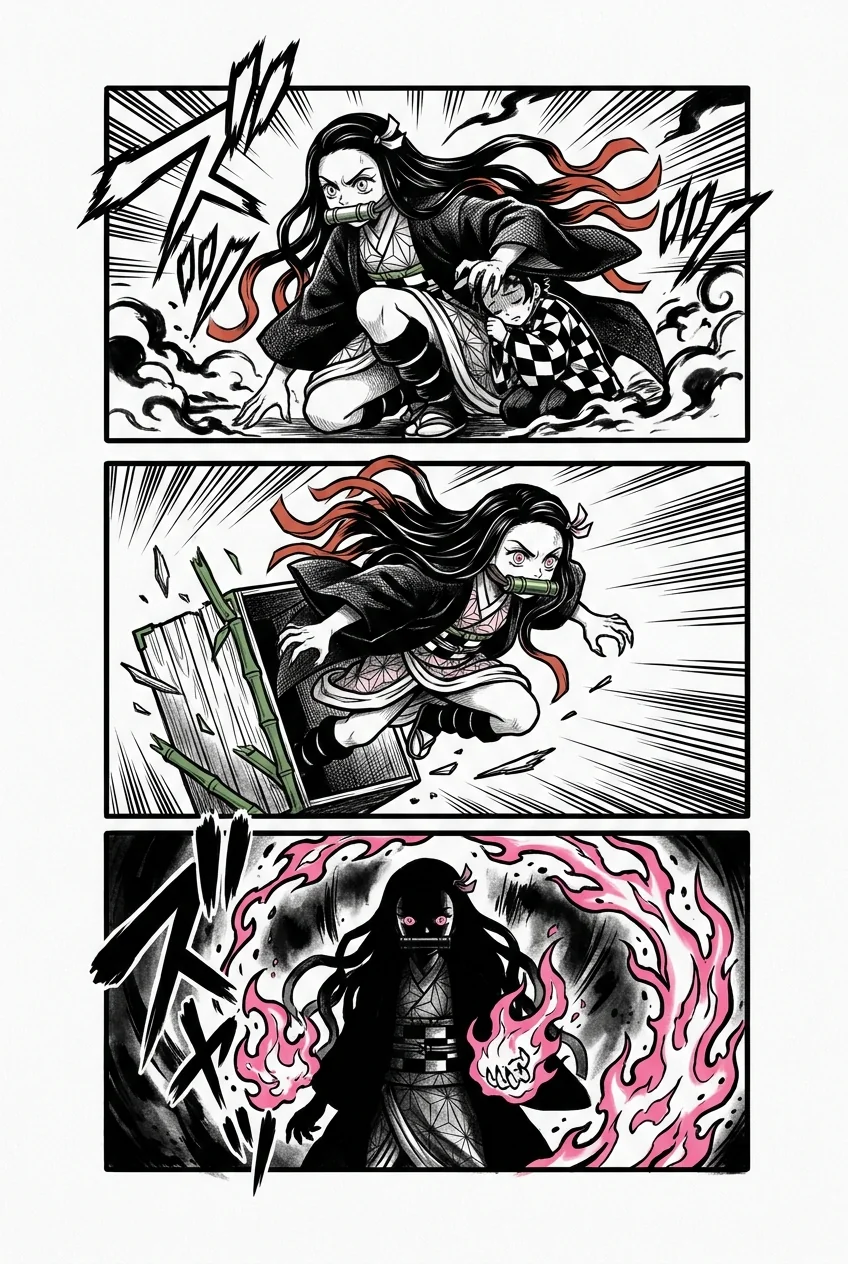 Nezuko Kamado (Demon Slayer) anime dövme tasarımı — kare kare manga panel