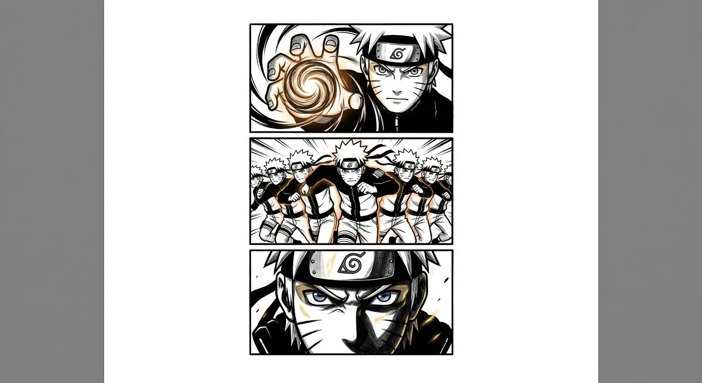 Naruto Uzumaki (Naruto) anime dövme tasarımı — kare kare manga panel