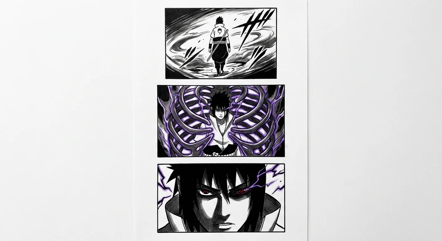 Sasuke Uchiha (Naruto) anime dövme tasarımı — kare kare manga panel