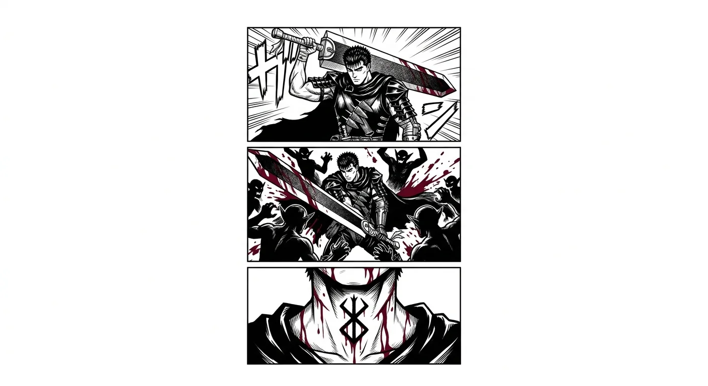 Guts (Berserk) anime dövme tasarımı — kare kare manga panel