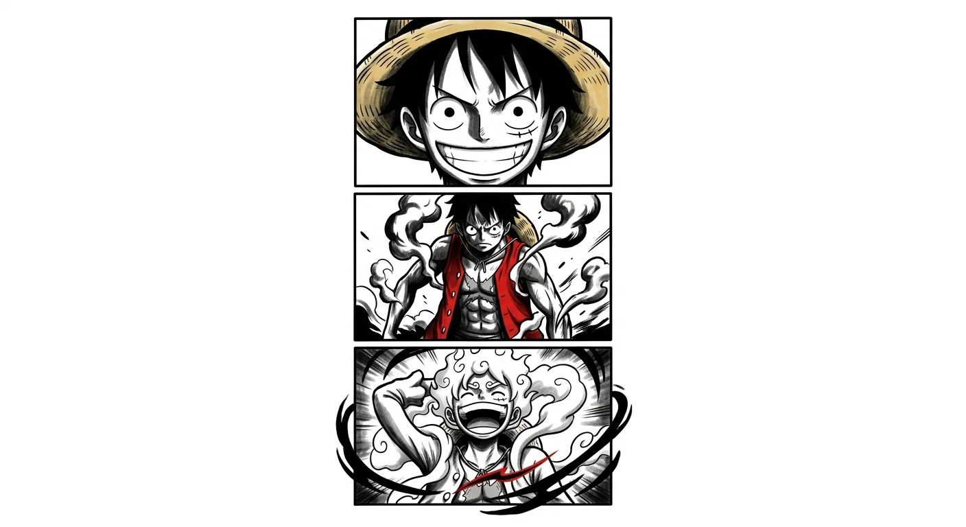 Luffy (One Piece) anime dövme tasarımı — kare kare manga panel