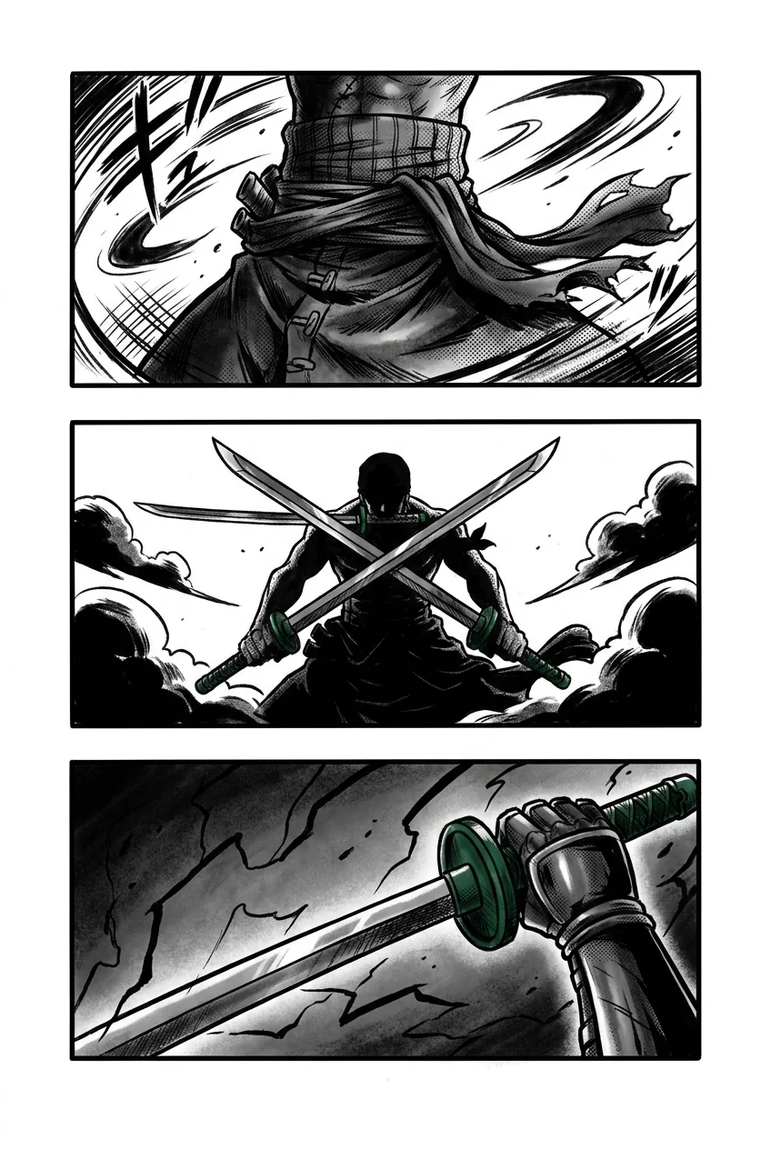 Zoro (One Piece) anime dövme tasarımı — kare kare manga panel