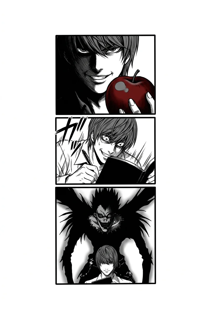Light Yagami (Death Note) anime dövme tasarımı — kare kare manga panel