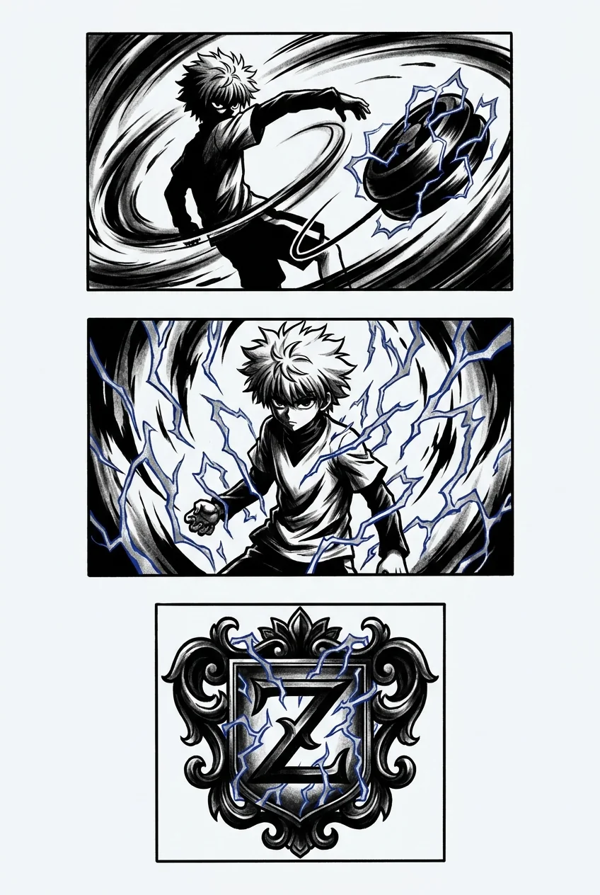 Killua Zoldyck (Hunter x Hunter) anime dövme tasarımı — kare kare manga panel