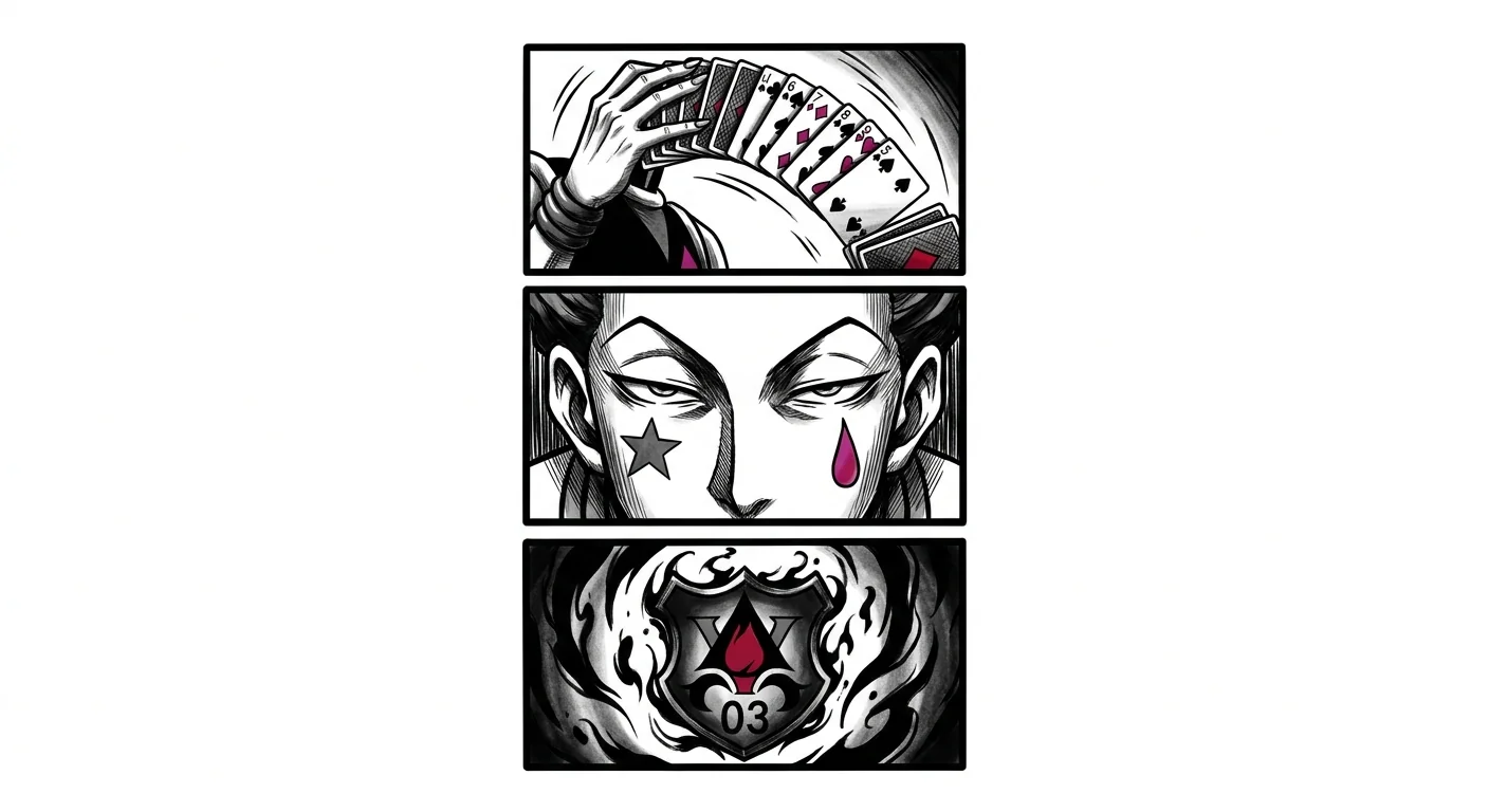 Hisoka (Hunter x Hunter) anime dövme tasarımı — kare kare manga panel