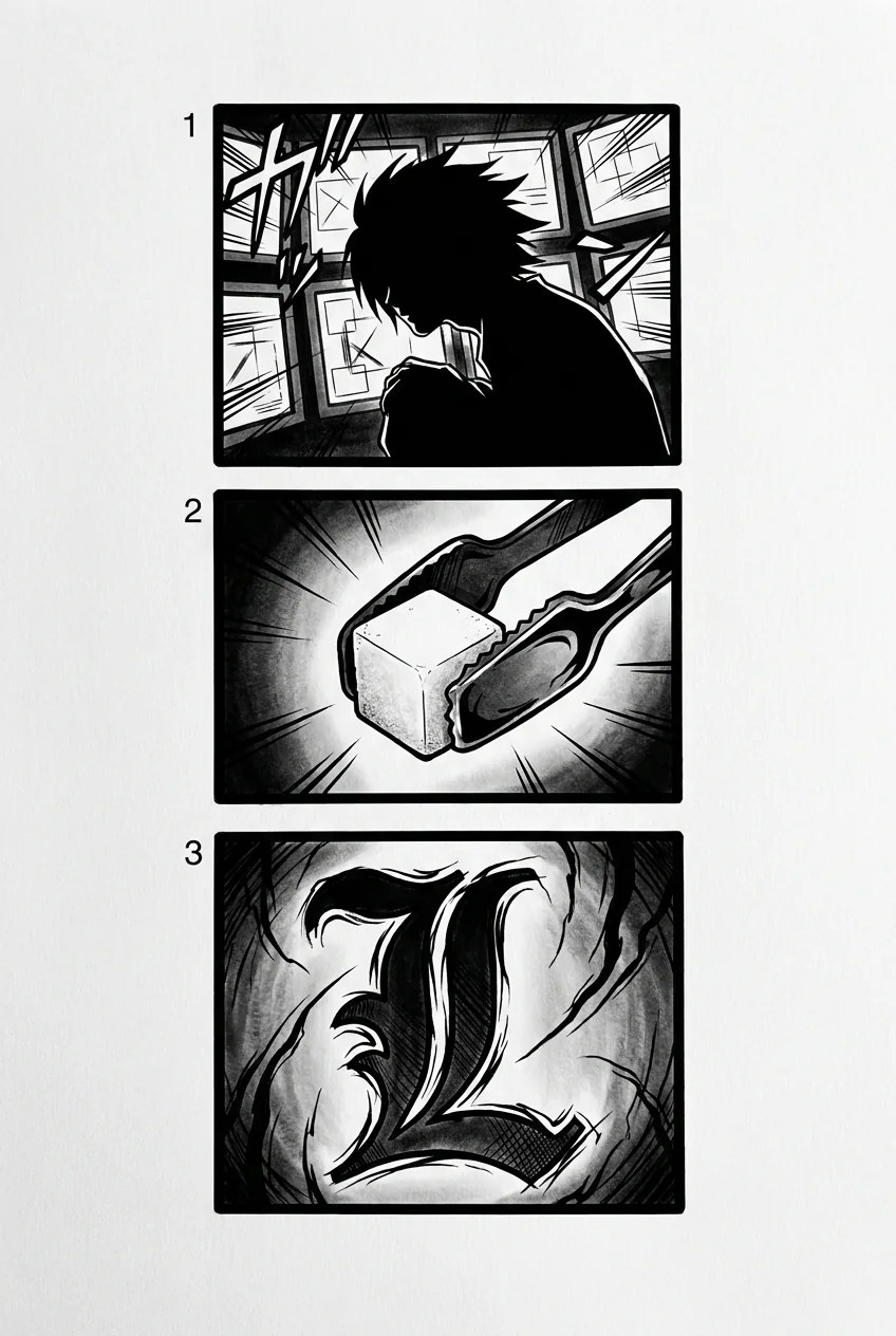L Lawliet (Death Note) anime dövme tasarımı — kare kare manga panel