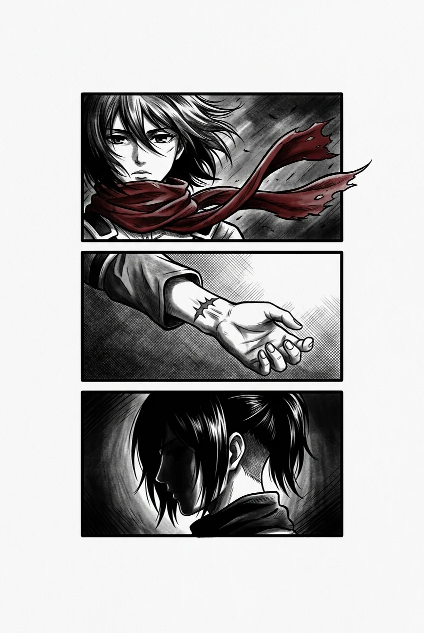Mikasa Ackerman (Attack on Titan) anime dövme tasarımı — kare kare manga panel