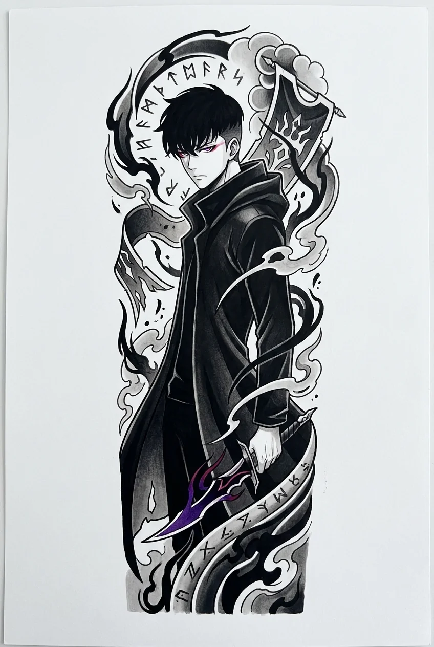 Sung Jinwoo (Solo Leveling) anime dövme tasarımı — kare kare manga panel