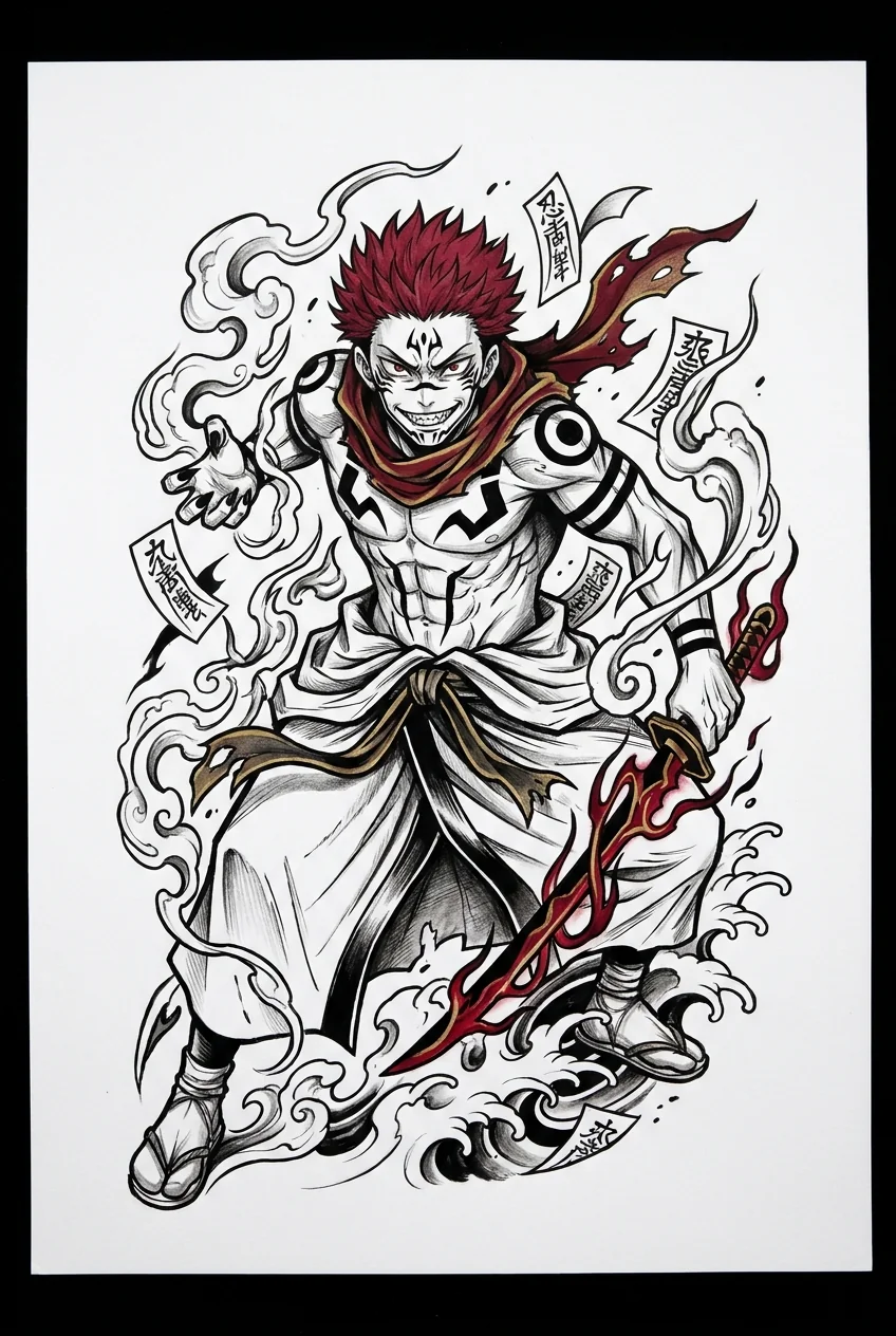 Sukuna (Jujutsu Kaisen) anime dövme tasarımı — kare kare manga panel