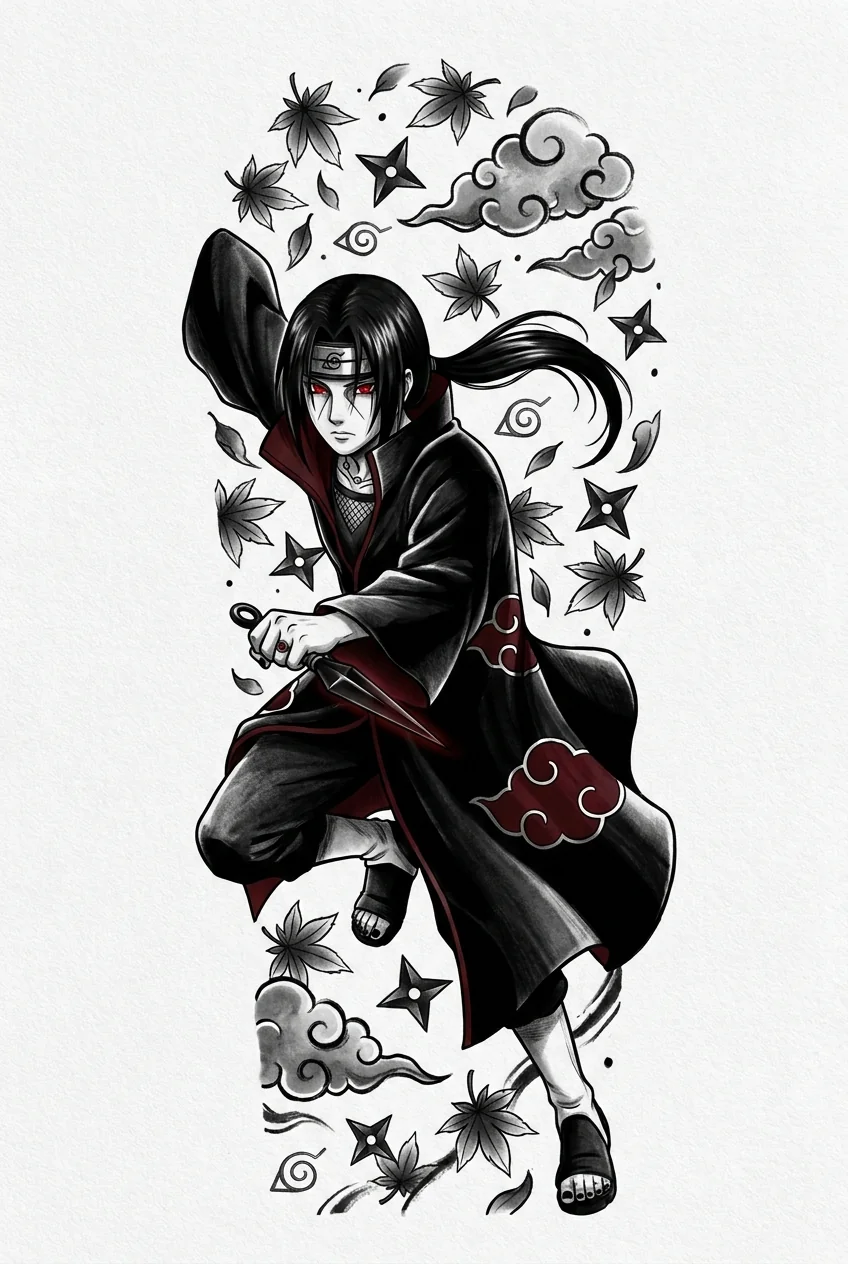 Itachi Uchiha (Naruto) anime dövme tasarımı — kare kare manga panel