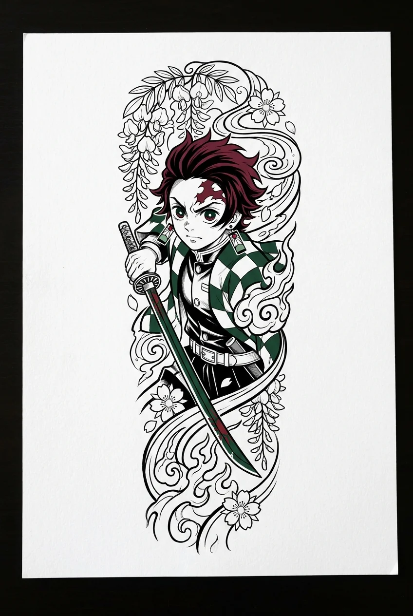 Tanjiro Kamado (Demon Slayer) anime dövme tasarımı — kare kare manga panel