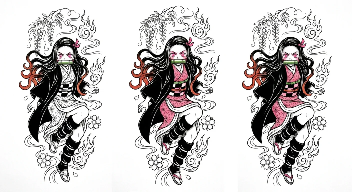 Nezuko Kamado (Demon Slayer) anime dövme tasarımı — kare kare manga panel