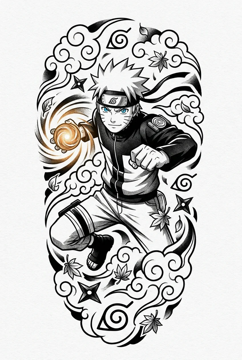 Naruto Uzumaki (Naruto) anime dövme tasarımı — kare kare manga panel