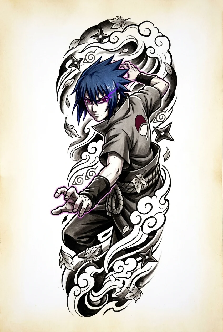 Sasuke Uchiha (Naruto) anime dövme tasarımı — kare kare manga panel