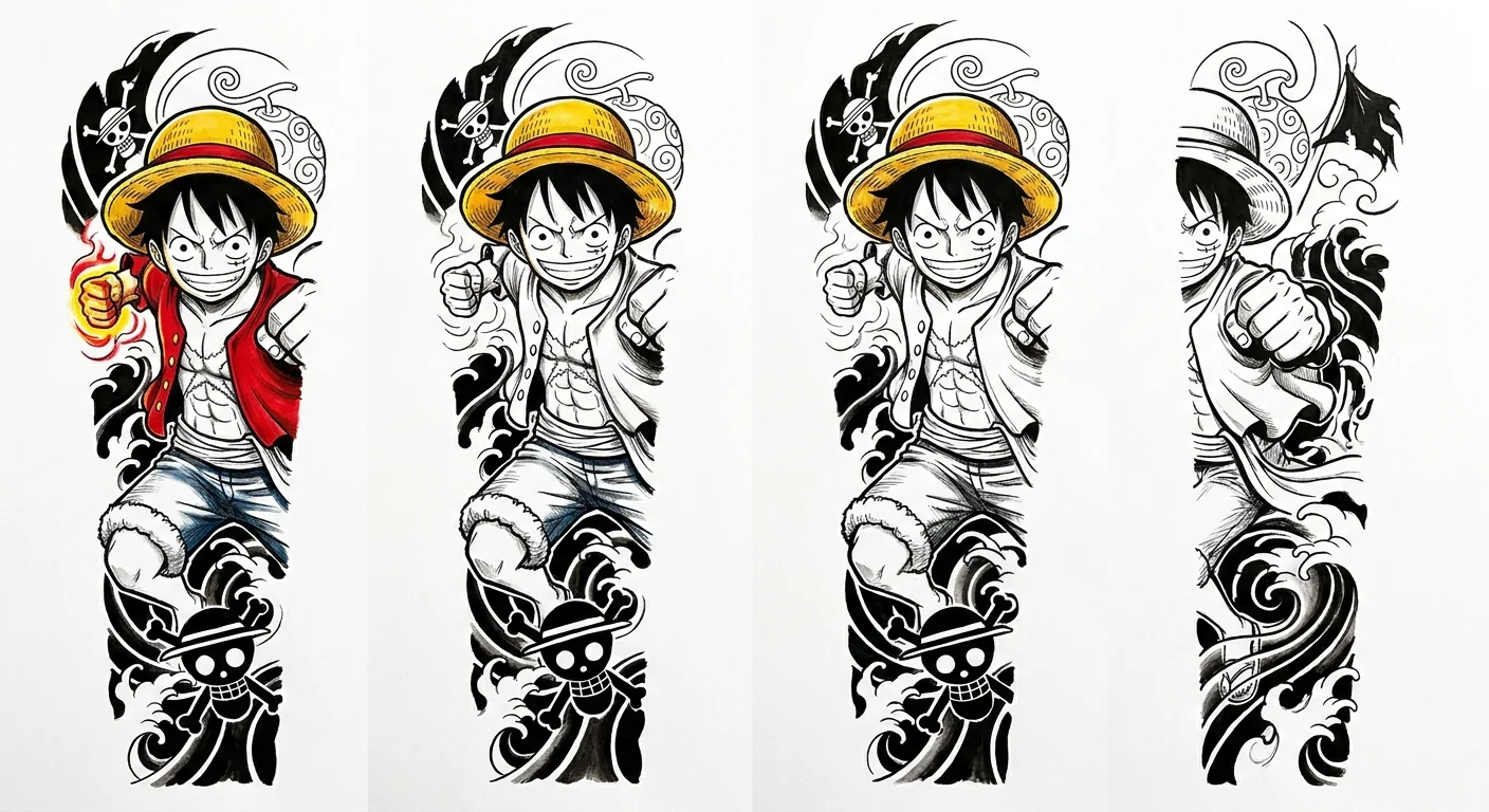Luffy (One Piece) anime dövme tasarımı — kare kare manga panel