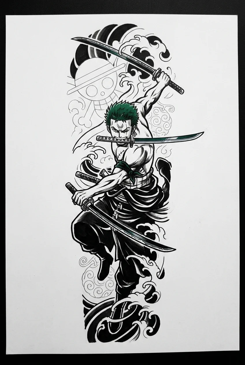 Zoro (One Piece) anime dövme tasarımı — kare kare manga panel