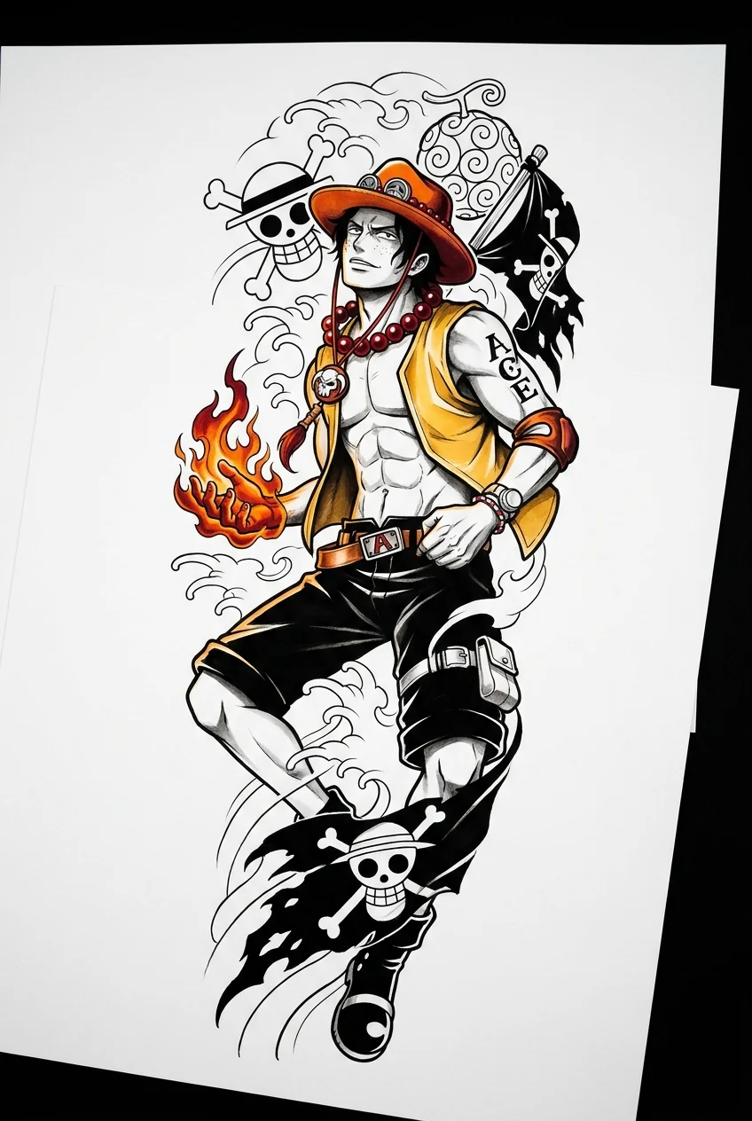 Ace (One Piece) anime dövme tasarımı — kare kare manga panel